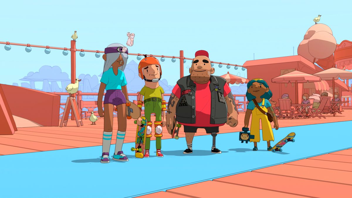 a skate crew standing in an OlliOlli World level