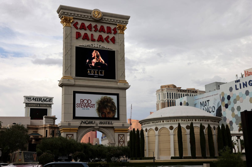 An ad announcing the "Weekends With Adele" residency on the marquee at Caesars Palace on the Strip in Las Vegas on July 25, 2022. ()