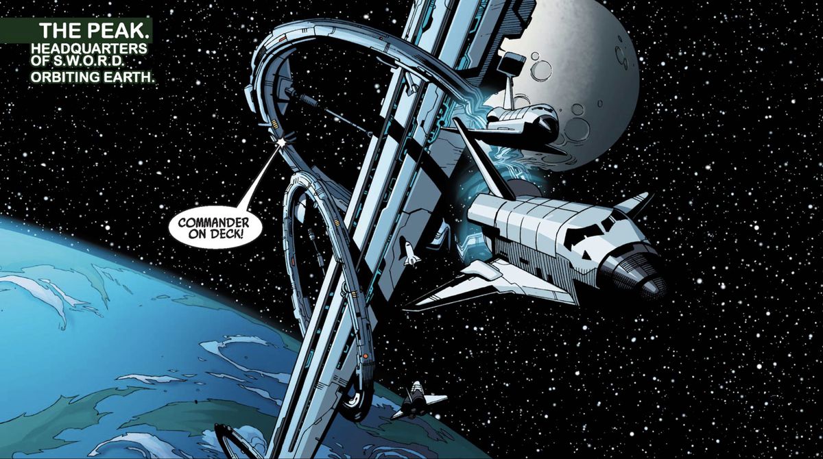 A massive space station shaped like a huge spike, pointing down, with two rings around it, hangs in space with the Earth and the Moon behind it. “The Peak,” reads a label, “Headquarters of SWORD. Orbiting Earth.” in Secret Invasion (2008). 