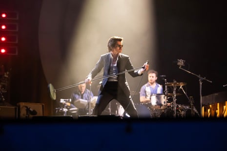 Arctic Monkeys frontman Alex Turner performing at Pyramid stage