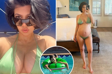 Kourtney shows off growing baby bump & major underboob in tiny green bikini