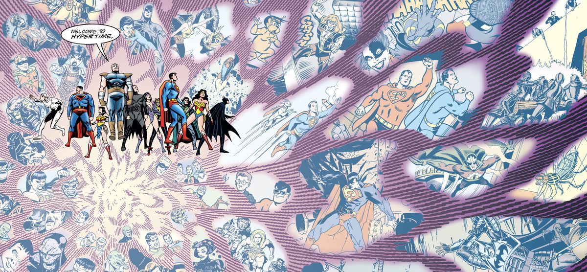 A group of Supermans, Batmans, and Wonder Womans stand in a whole mess of glimpses of Supermans, Batmans, and Wonder Womans, as a man in front of their group says “Welcome to Hypertime,” in The Kingdom #2 (1999).