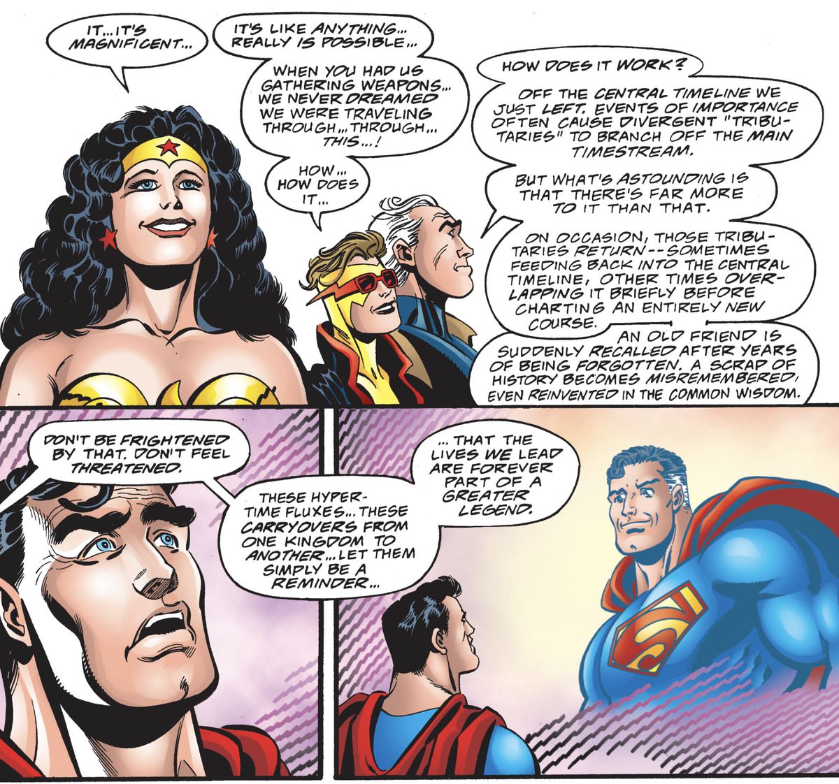 The Phantom Stranger explains how Hypertime works, as Superman gazes up at a vision of another, older Superman, with a swoopy-er S on his chest, in The Kingdom #2 (1999). “An old friend is suddenly recalled after years of being forgotten,” he says, describing what happens when Hypertime streams flow back together, “A scrap of history becomes misremembered, even reinvented in the common wisdom.” 