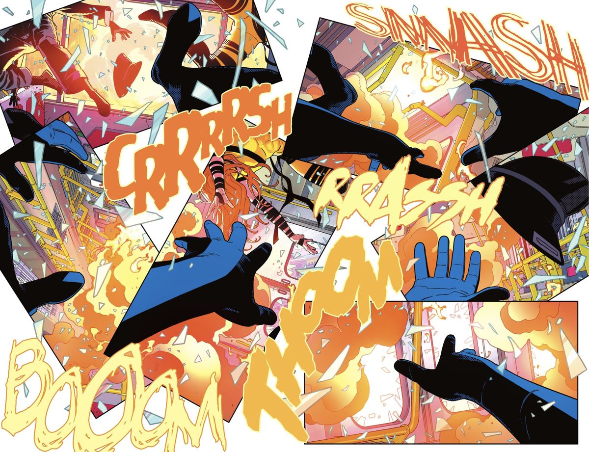 A chaotic collection of panels in a two-page splash show bright explosions and Nightwing’s darkly costumed hands — it’s a first-person perspective on being caught inside an exploding subway car, in Nightwing #105 (2023). 