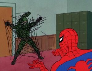 Spider-Man blasts Scorpion with web