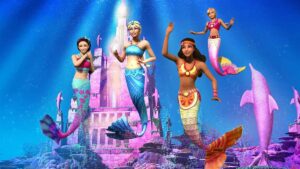 A group of mermaids in front of a pink and purple ocean temple.