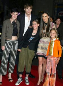 Rumer Willis, Ashton Kutcher, Scout Willis, Demi Moore, and Tallulah Willis at the premiere of "Charlie's Angels 2" in 2003