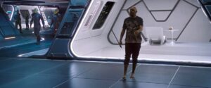 Nick Fury walks around barefoot on the deck of SABER in Spider-Man: Far From Home.