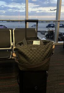 mz wallace medium metro tote deluxe sitting on a carry-on bag in an airport
