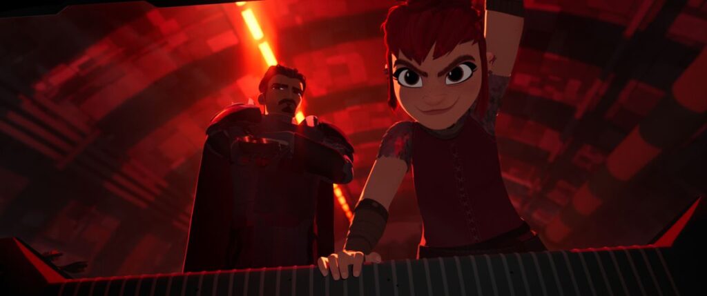 Nimona, a pink-haired teenage girl, peers inside what appears to be a crate, her eyebrows furrowed together, a smirk on her lips. Behind her, the disgraced knight Ballister sulks, arms crossed over his chest, in the animated movie Nimona