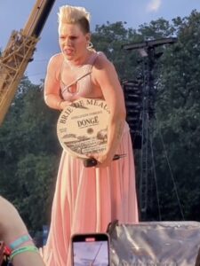 Pop singer Pink appeared to be gobsmacked during a concert at Hyde Park in London on June 24 when a fan passed forward a giant wheel of cheese as a gift while she performed.
