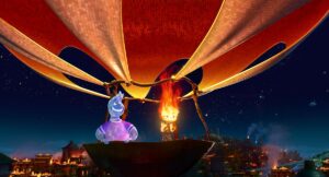 Ember, a young woman made of fire, and Wade, a young man made of water, on a hot air balloon soaring over Element City