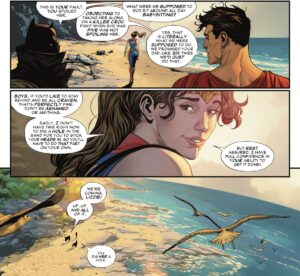Batman/Damian Wayne and Superman/Jon Kent bicker about who spoiled Wonder Woman/Lizzie when they were kids and babysitting. Lizzie quips that if they’d like to chicken out of their super-mission that she wouldn’t think any less of them in Wonder Woman #800 (2023).