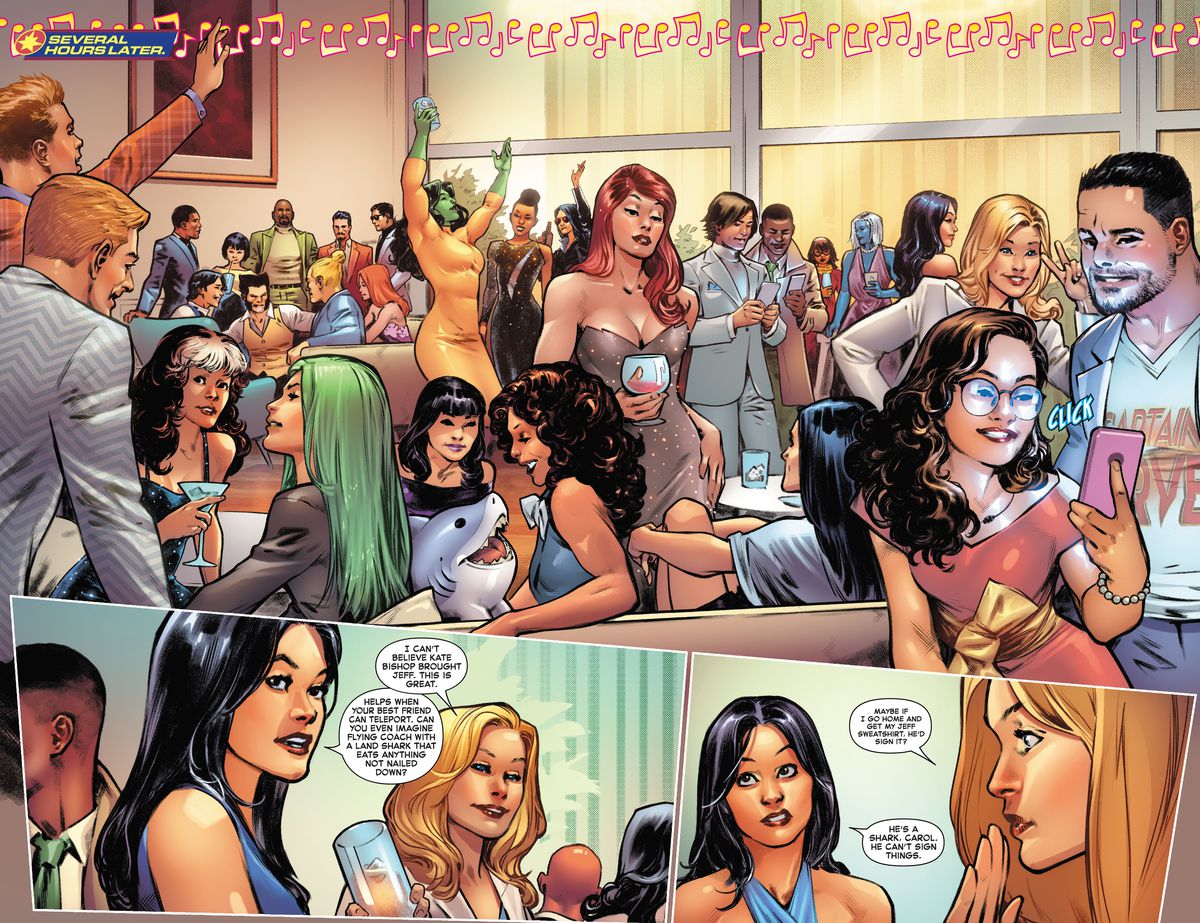 At a bustling party full of plain-clothes Marvel superheroes, Captain Marvel only has eyes for the real celebrity: Jeff the adorable Land Shark. “Maybe if I go home and get my Jeff sweatshirt, he’d sign it?” she asks, in Captain Marvel #50 (2023). 