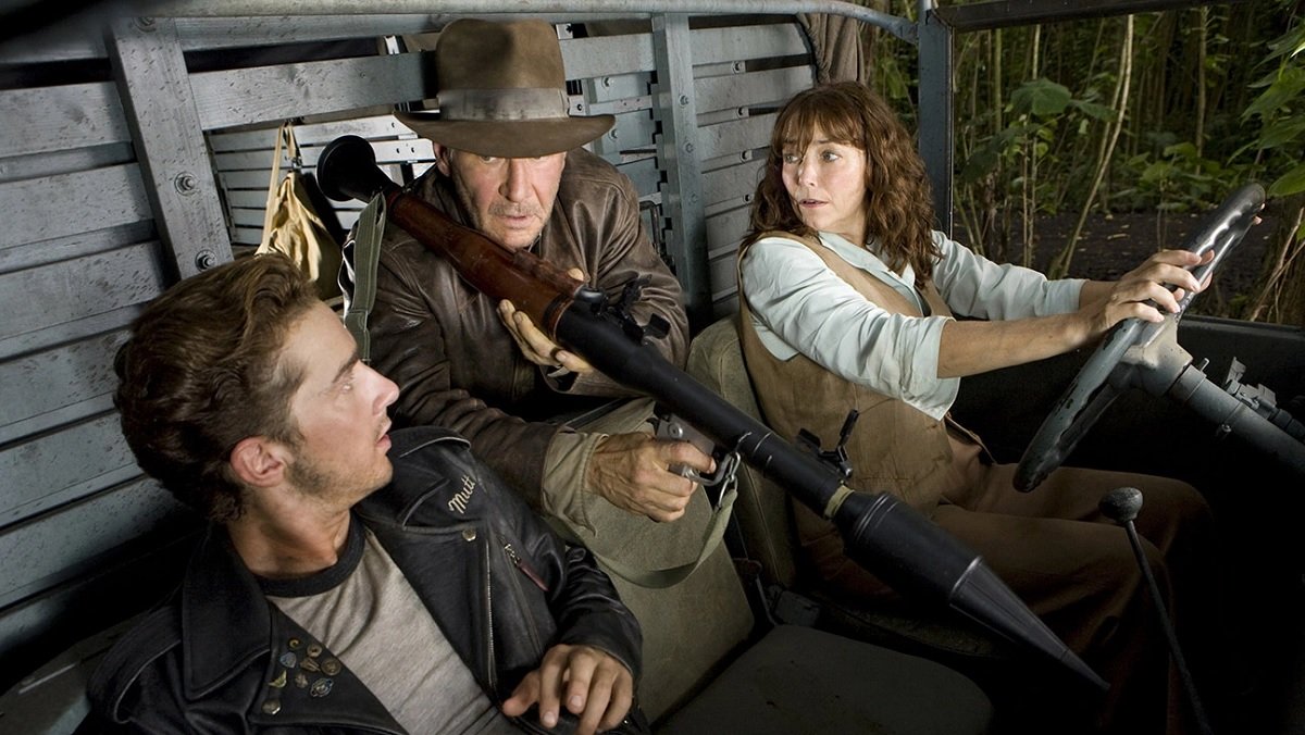 Mutt (Shia LeBouf), Indy (Harrison Ford), and Marion (Karen Allen) in Indiana Jones and the Kingdom of the Crystal Skull.