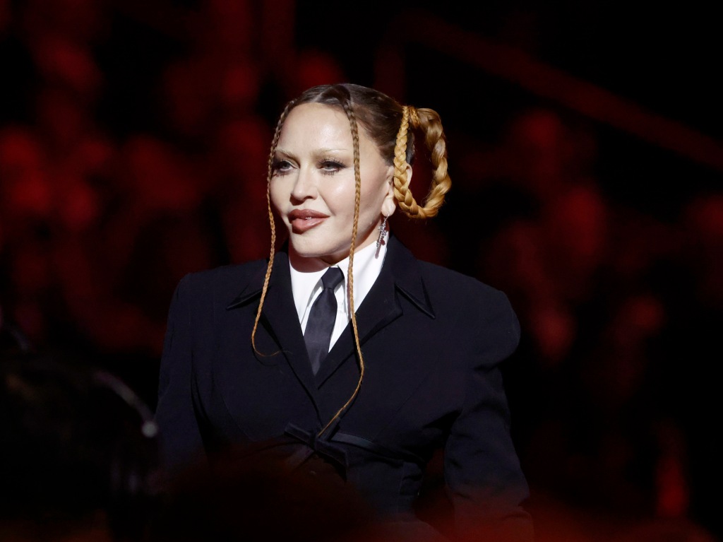 Madonna speaks onstage during the 65th GRAMMY Awards at Crypto.com Arena on Feb. 5.