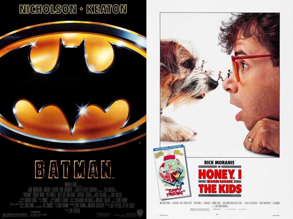 The theatrical posters for Batman and Honey, I Shrunk the Kids, both released on June 23, 1989.