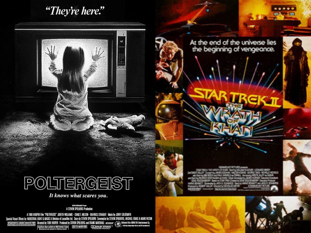 The theatrical posters for Poltergeist and Star Trek II: The Wrath of Khan, released on Jun 8, 1982.