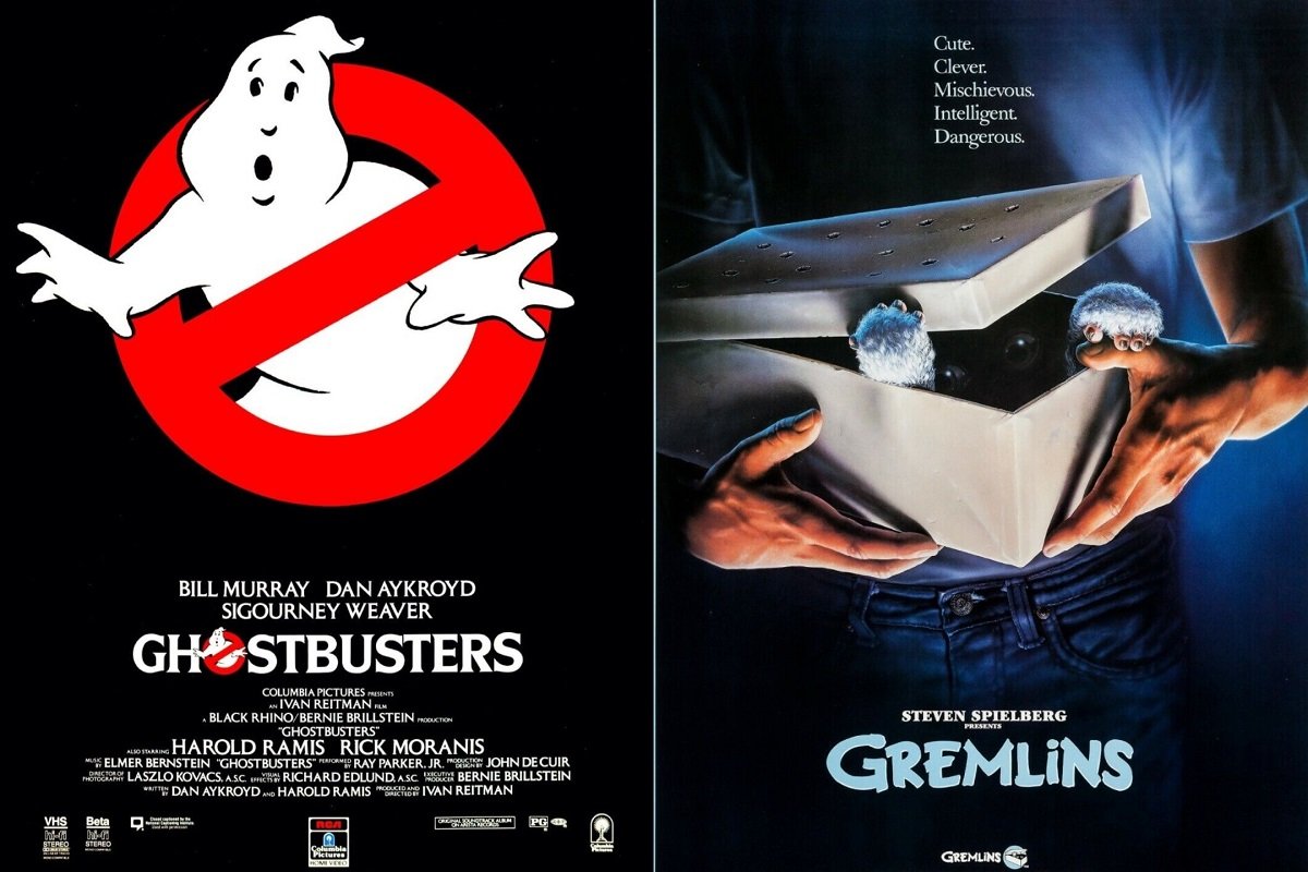 The theatrical movie posters for Ghostbusters and Gremlins, released on June 8, 1984. 