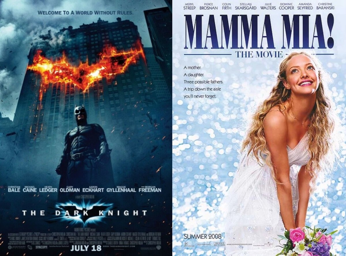 The theatrical movie posters for The Dark Knight and Mamma Mia, released July 18, 2008. 
