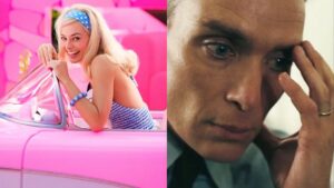 Margot Robbie as Barbie (L) and Cillian Murphy as Oppenheimer (R)