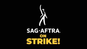 A logo spelling out SAG-AFTRA on strike