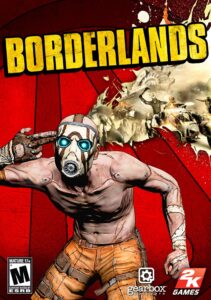 Borderlands video game art featuring a shirtless man with a mask in orange pants