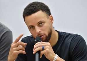 Stephen Curry, U.S. basketball player from the Golden State Warriors of the National Basketball Association (NBA), speaks during a press conference following his Underrated Tour, a series of basketball camps for high school players, at a university in Tokyo on June 23, 2019. 