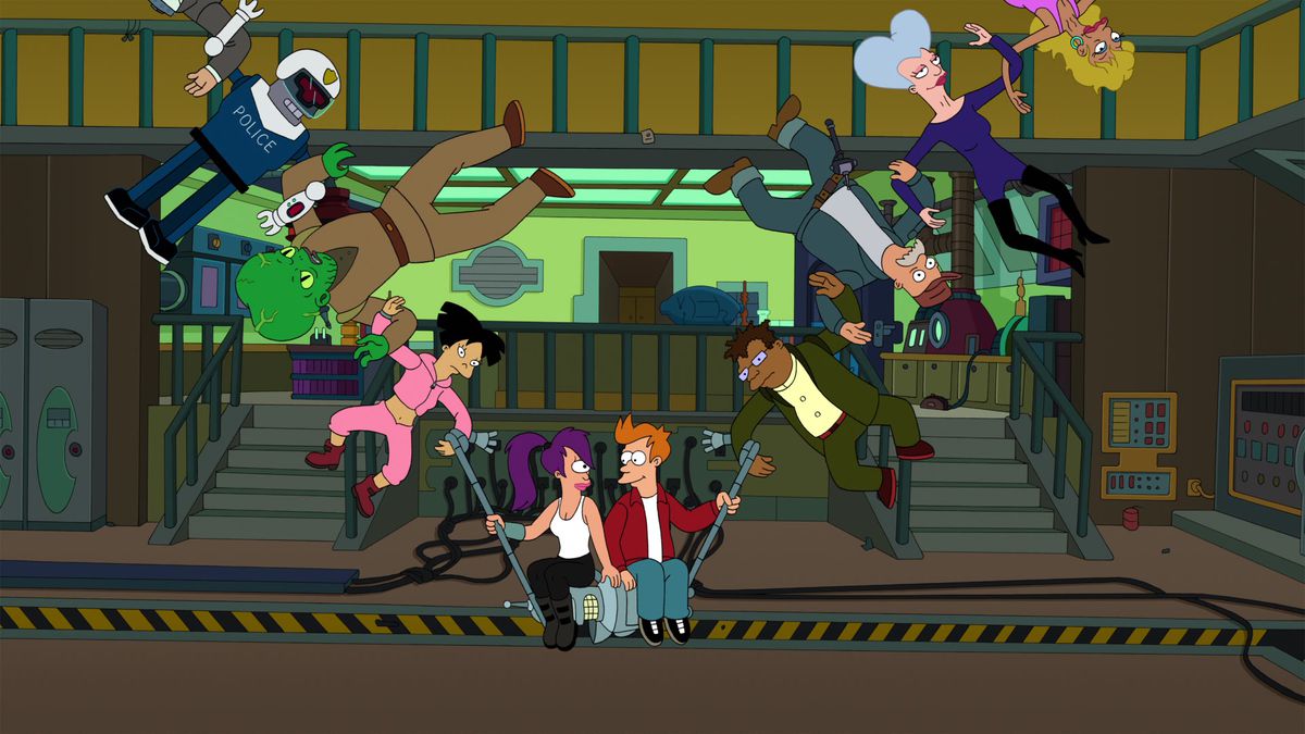 Fry and Leela sitting on Bender while the Futurama extended cast is looped to his arms like monkeys from a barrel of a monkeys