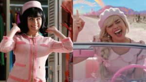 split image of lela from teen beach and margot robbie singing in a pink car in barbie movie