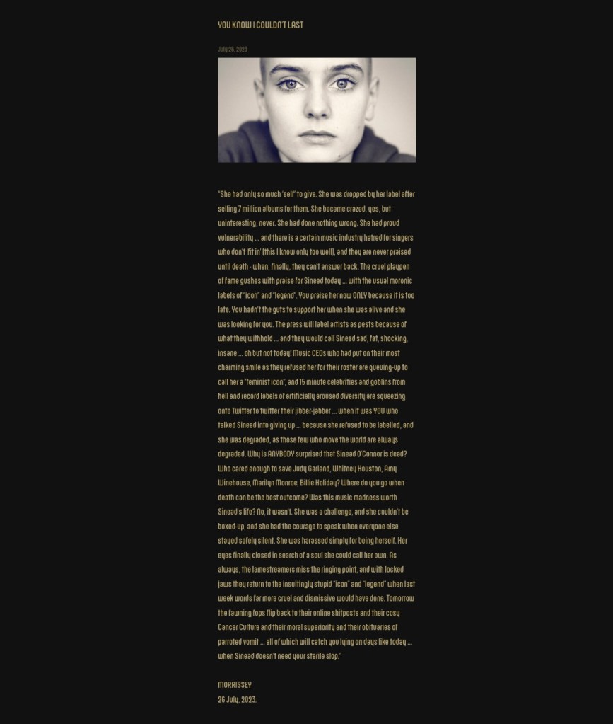 A screenshot of Morrissey's full post in tribute to O'Connor.