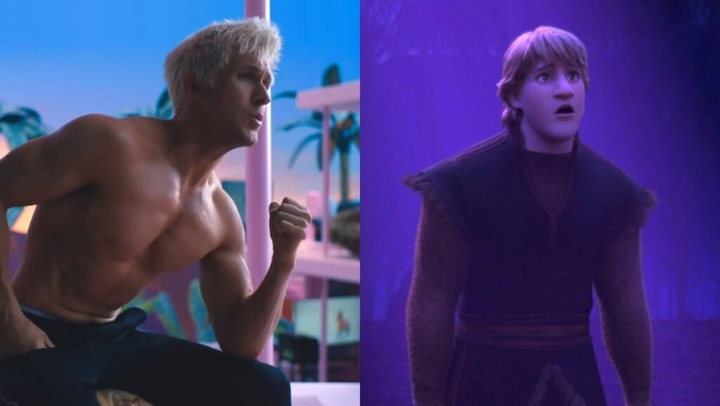 Ryan Gosling shirtless singing on a bed from Barbie split with Kristoff singing in Frozen II