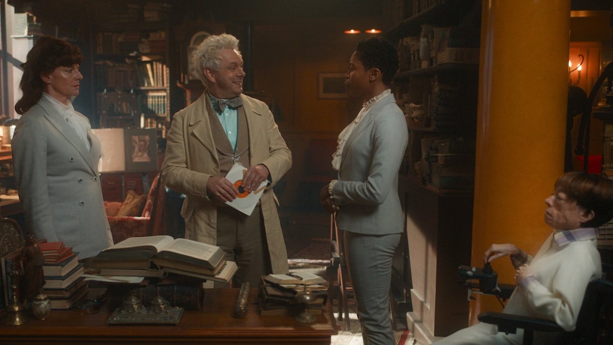Aziraphale meets with other angels in his book shop on Good Omens