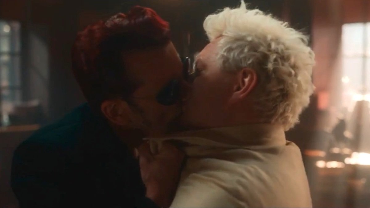 Crowley and Aziraphale kissing on Good Omens