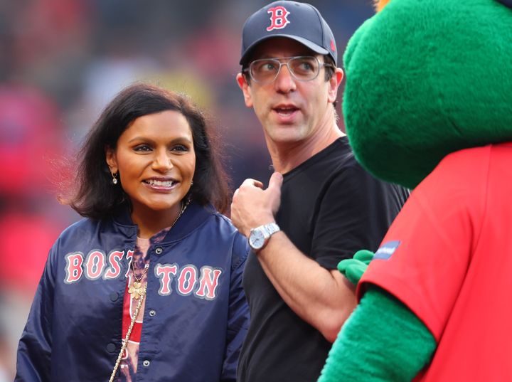Kaling and Novak attend a Red Sox game in June.