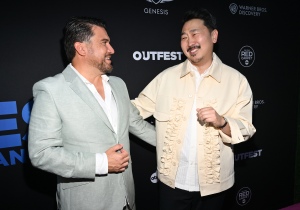 Outfest Executive Director Damien Navarro and Andrew Ahn at the Red Carpet for the 2023 Outfest Opening Night Gala at the Orpheum Theatre on July 13, 2023 in Los Angeles, California.