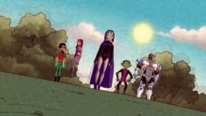 Raven walking in front of Robin and Starfire, who are smiling at each other, and Beast Boy and Cyborg, who are laughing together