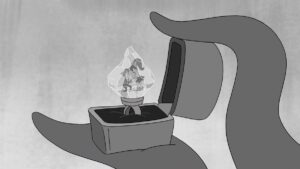 Fry in the middle of proposing to Leela, captured in a icy rock, attached to a ring in a ring box being held open by tentacles in a still from Futurama’s “Meanwhile” episode