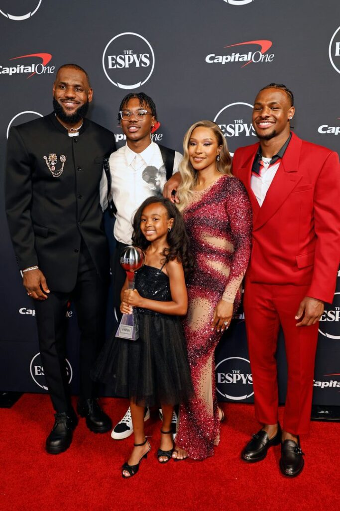 LeBron and Savannah James are photographed with their children, Bryce, Zhuri and Bronny, at the ESPY Awards on July 12 in Los Angeles.