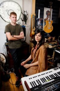Dan Carey with Natasha Khan (AKA Bat for Lashes) working on their side project Sexwitch in 2015 in Carey’s studio.
