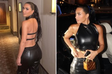 Kim flashes her famous butt in tight black leather pants while partying in Miami