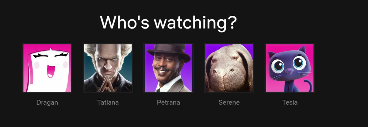 A Netflix login screen depicting a default smiley face, Count Olaf, Mr. Poe, Okja, and a cartoon cat