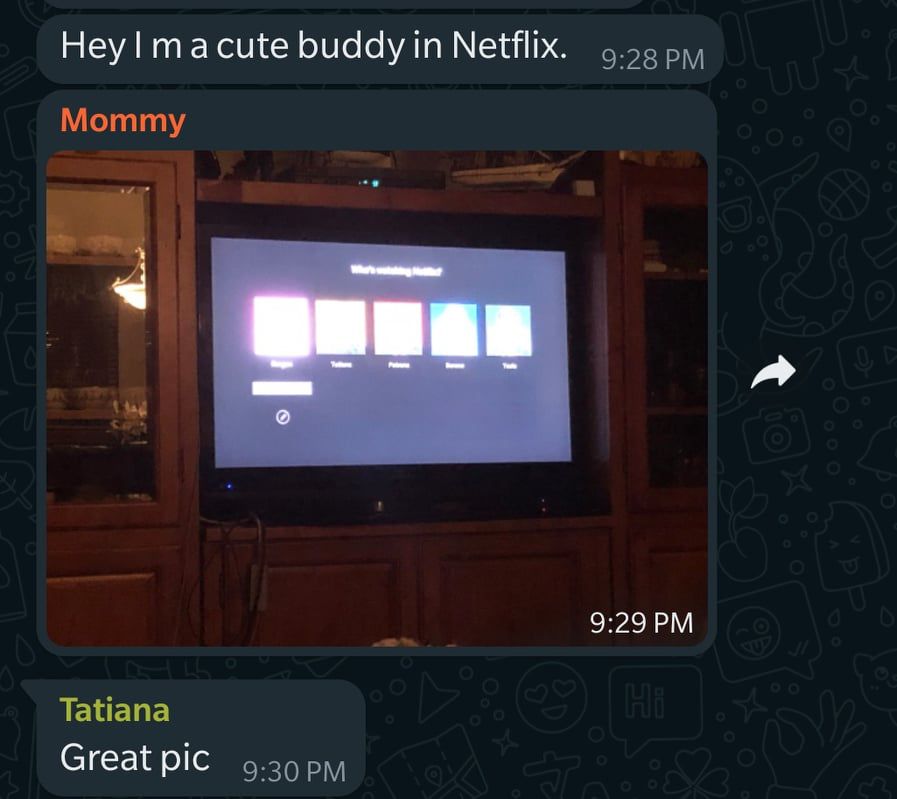 A text conversation from Mommy reading “Hey I M a cute bunny on Netflix” (except the word bunny is misspelled as buddy, probably because of a typo). The next message is a photo of a TV screen taken at such an angle that no image is visible on it. The following message from a person named Tatiana says “Great pic”