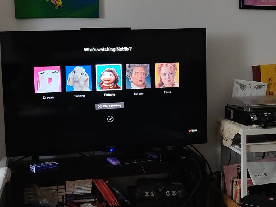 A Netflix login screen depicting a default smiling avatar, a cute bunny, a strange puppet, Queen Charlotte, and Penelope Featherington. It is depicted on a TV screen