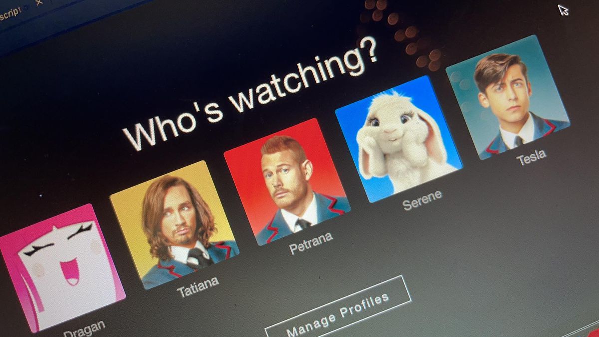 A Netflix login screen depicting a default icon, Klaus from The Umbrella Academy, Luther from The Umbrella Academy, a cute bunny, and Five from The Umbrella Academy.