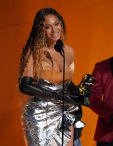 Beyoncé accepts the award for Best Dance/Electronic Music Album at the Grammy Awards on Feb. 5 in Los Angeles.