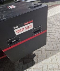 A black box labelled "toilet seats."