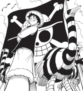 An image of Luffy in the One Piece manga. He is standing in front of a pirate flag that has a skull and cross bones with a straw hat. There is a big ostrich bird standing next to him.