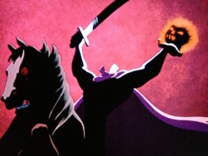 The headless horseman in The Adventures of Ichabod and Mr. Toad holds his sword and pumpkin in the air