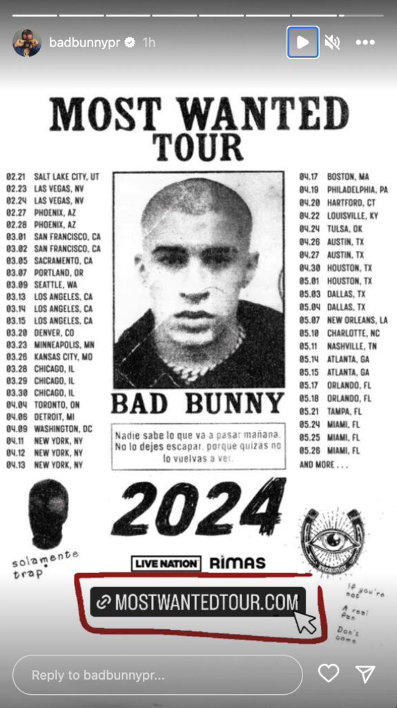 Bad Bunny Most Wanted Tour IG Story